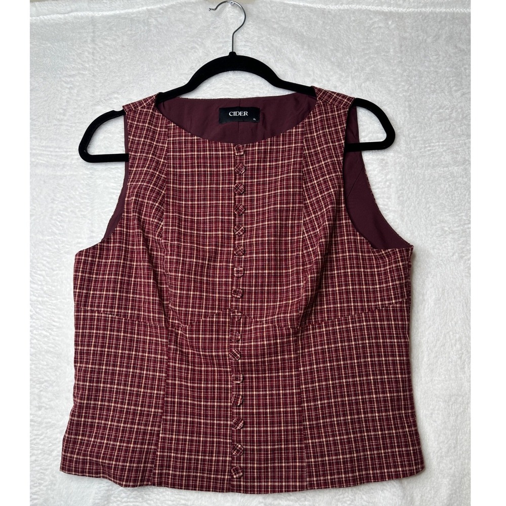Cider Plaid Vest Top Women XL Burgundy Heart Cutout Back Side Zip Sleeveless